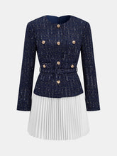 Pleated Hem Panel Tweed Belted Mini Dress
