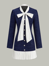 Pleated Hem Bow Neckline Tweed Mini Dress