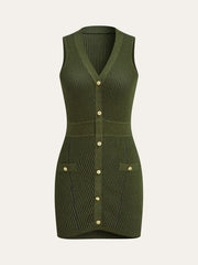 Sleeveless Textured Buttoned Fitted Sweater Dress