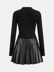 Faux Leather Pleated Panel Long Sleeve Dress