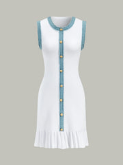 Denim Trim Button-Front Ruffle Hem Midi Dress