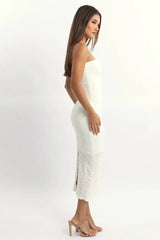 White Bodycon Dress Boob Tube Textured Midi
