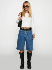 Retro Dream Mid Rise Longline Denim Shorts Mid Wash