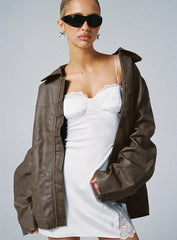 Faux Leather Collared Dad Jacket Washed Brown