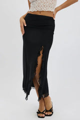 Black Maxi Skirt High Rise Ruffled Slit Frill Hem Mesh