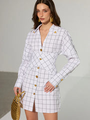 Metal Button Checked Cotton Shirt Dress