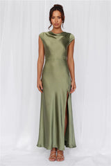 Beacnlady The Valentina Cap Sleeve Satin Maxi Dress Olive