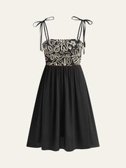 Embroidered Midi Dress with Tie-Up Straps
