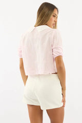 Pink Puff Sleeve Shirt Peter Pan Collar Embroidered