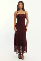 Red Maxi Dress Lace Satin Tape