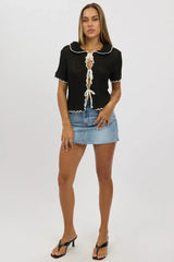 Black Knit Cardigan Short Sleeve Collared