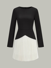 Long Sleeve Color-Block Pleated Dress