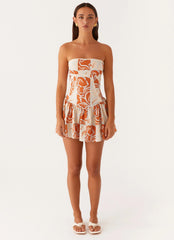 Larnie Linen Mini Dress - Orange Blue Floral