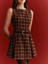 Belted Plaid Sleeveless Mini Dress