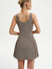 Houndstooth Square-Neck Pleated Mini Dress