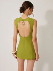 Cotton & Linen Backless Dress With Metal Detail
