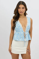 Blue Ditsy Tie Front Top