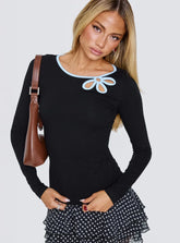 Double Back Floral Cut Out Long Sleeve Top Black