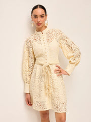 Semi-Sheer Lace Belted Dress