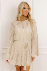Oceanside Dreaming Pointelle Knit Mini Dress in Oatmeal