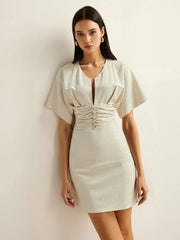 Cotton & Linen Ruched Button Detail Mini Dress