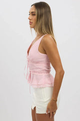 Pink Tie Front Top Sleeveless Chiffon
