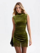 Lace-Trim Ruched Velvet Mini Dress