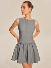 Button Front Pleated Sleeveless Dress