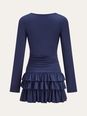 Long Sleeve Ruched Waist Layered Ruffle Dress