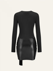 Faux Leather Paneled Knit Long Sleeve Mini Dress