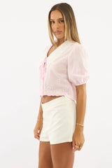 Pink Puff Sleeve Shirt Peter Pan Collar Embroidered