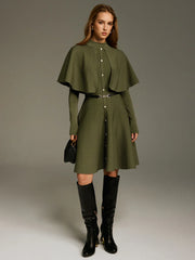 Capelet-Style Button-Front Belted Midi Dress