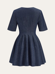 Denim Short Sleeved Zip-Front Mini Dress