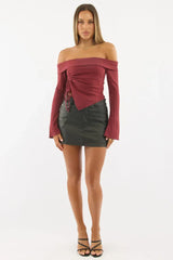 Red Off Shoulder Top Long Sleeve Ruched