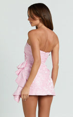 Laila Mini Dress - Jacquard Strapless Fit And Flare Dress in Pink