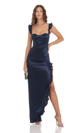 Satin Ruffle Maxi Dress in Navy 2