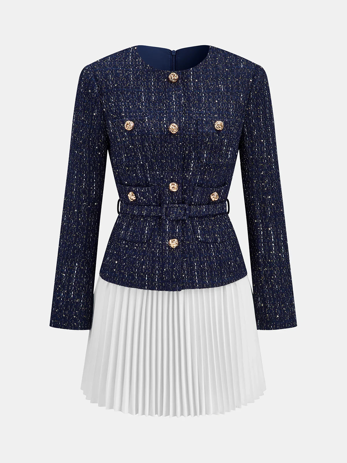 Pleated Hem Panel Tweed Belted Mini Dress