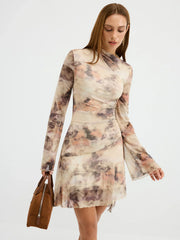 Tie-Dye Print Flared Sleeve Ruched Mini Dress