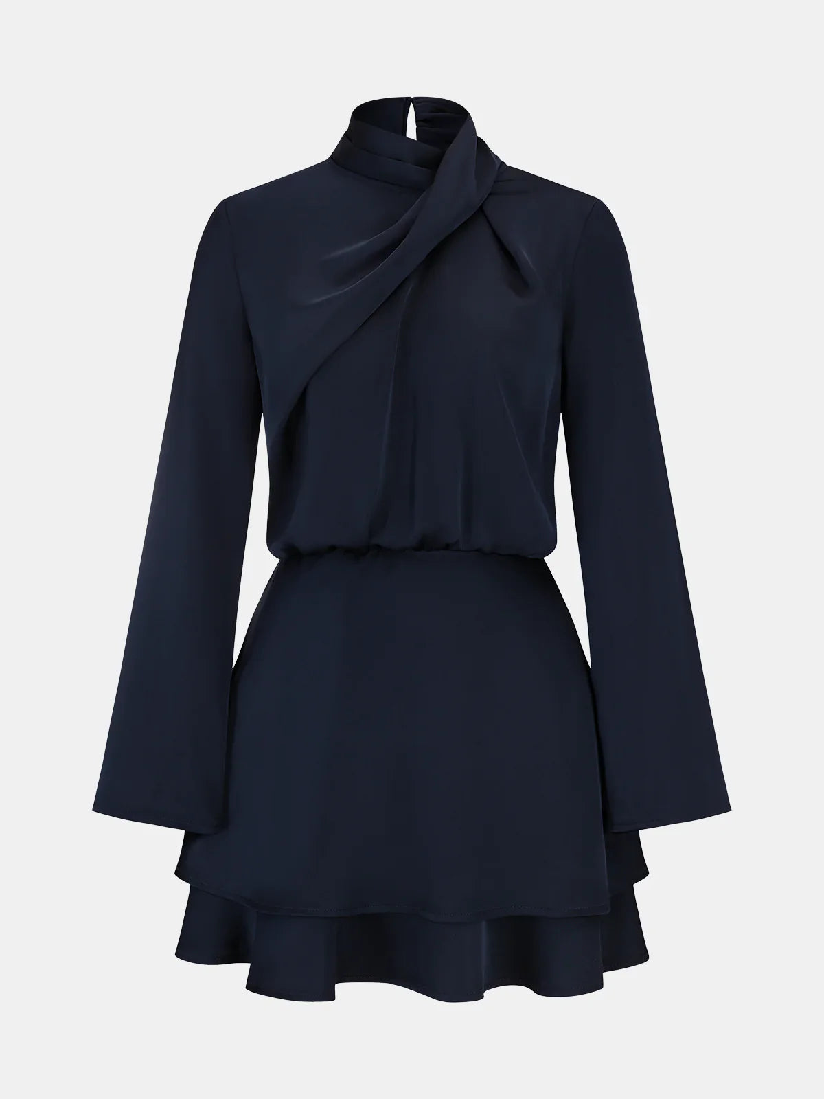 Long Sleeve Cross Neck Satin Tiered Mini Dress