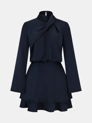 Long Sleeve Cross Neck Satin Tiered Mini Dress