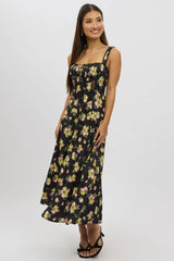 Black Floral Midi Dress Corset Detail