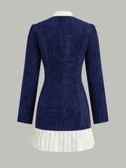 Pleated Hem Bow Neckline Tweed Mini Dress