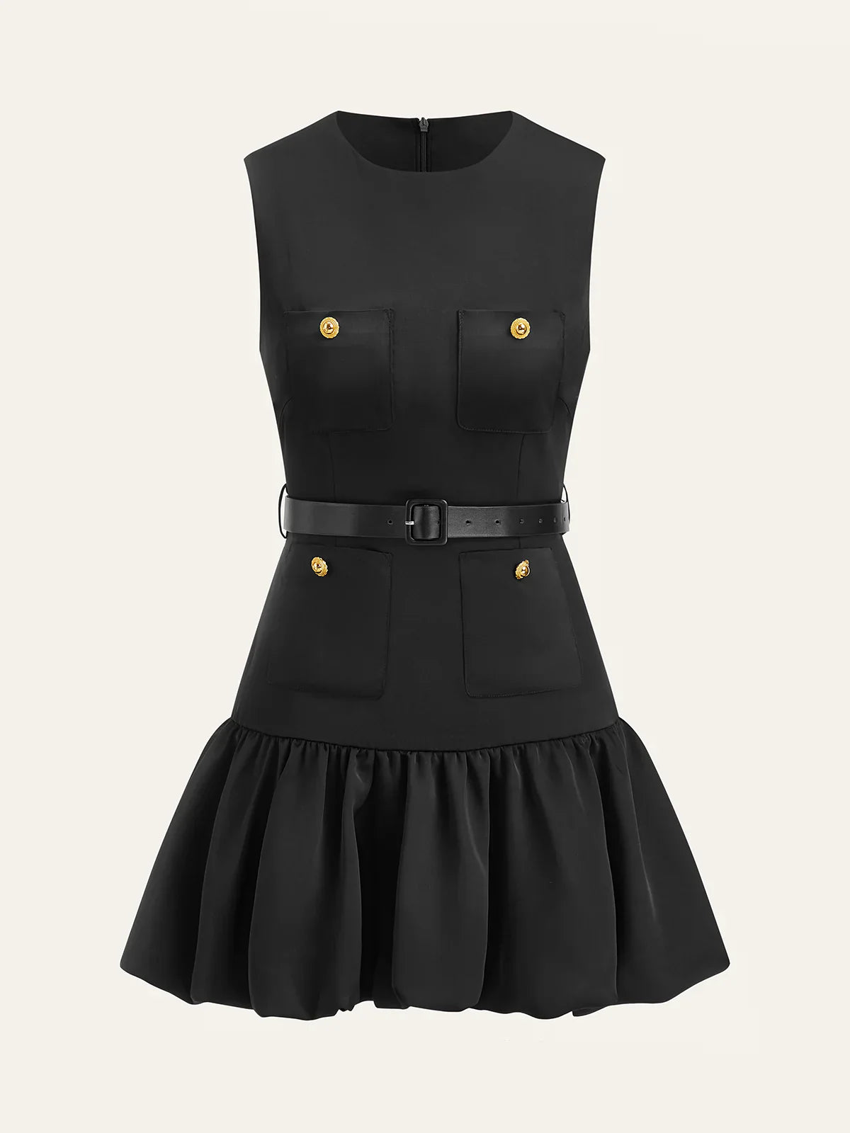 Ruffled Hem Metal Button Mini Dress Without Belt