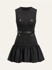Ruffled Hem Metal Button Mini Dress Without Belt