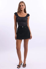 Black Polka Dot Tie Front Top Short Sleeve Lace Tape Detail