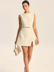 Tweed Slit Mini Dress with Detachable Belt