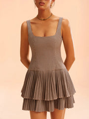 Square Neck Pleated Gingham Tiered Dress