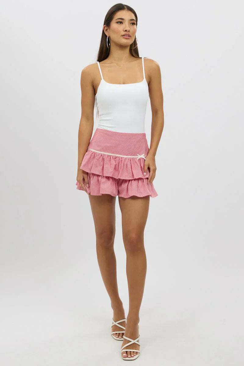 Red Check Skort Skirt Frilled Hem