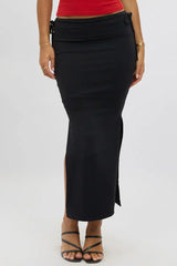Black Midaxi Skirt Elastic Waist Spliced Bow Supersoft