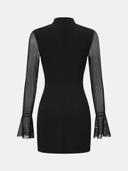 Sheer-Sleeve Flared-Cuff Mini Dress